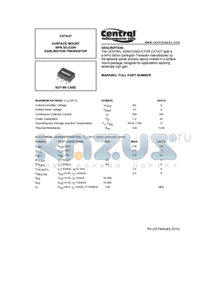 CXTA27_10 datasheet - SURFACE MOUNT NPN SILICON DARLINGTON TRANSISTOR