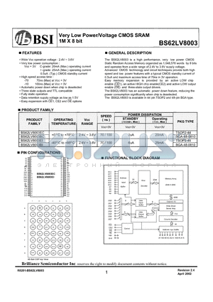 BS62LV8003BI datasheet - Very Low Power/Voltage CMOS SRAM 1M X 8 bit