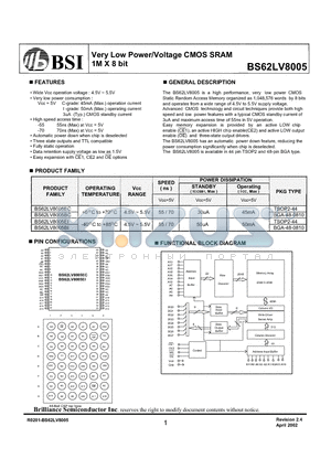 BS62LV8005 datasheet - Very Low Power/Voltage CMOS SRAM 1M X 8 bit