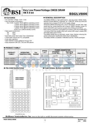 BS62LV8006EC datasheet - Very Low Power/Voltage CMOS SRAM 1M X 8 bit