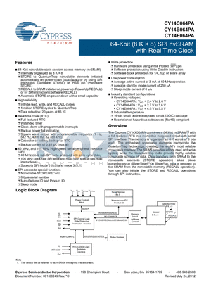 CY14B064PA-SFXI datasheet - 64-Kbit (8 K  8) SPI nvSRAM with Real Time Clock