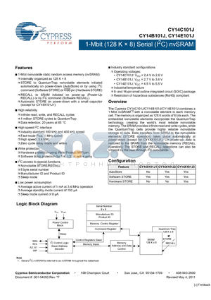 CY14B101J2-SXI datasheet - 1-Mbit (128 K x 8) Serial (I2C) nvSRAM Infinite read, write, and RECALL cycles