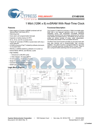 CY14B101K-SP45XCT datasheet - 1 Mbit (128K x 8) nvSRAM With Real-Time Clock