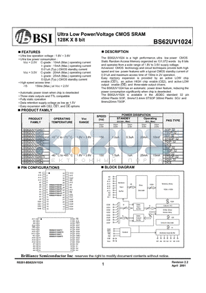 BS62UV1024STI datasheet - Ultra Low Power/Voltage CMOS SRAM 128K X 8 bit