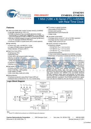 CY14B101I-SFXIT datasheet - 1 Mbit (128K x 8) Serial (I2C) nvSRAM with Real Time Clock