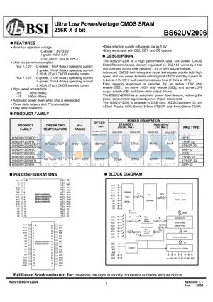BS62UV2006TCG85 datasheet - Ultra Low Power/Voltage CMOS SRAM 256K X 8 bit