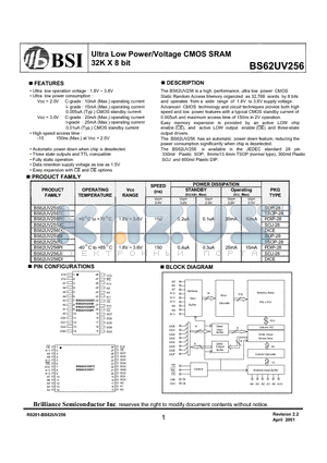 BS62UV256 datasheet - Ultra Low Power/Voltage CMOS SRAM 32K X 8 bit