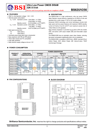 BS62UV256DCG10 datasheet - Ultra Low Power CMOS SRAM 32K X 8 bit