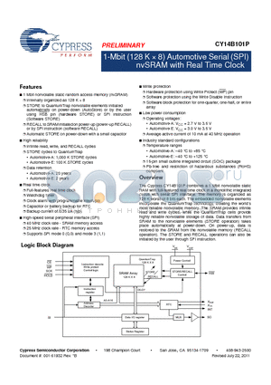 CY14B101P-SFXE datasheet - 1-Mbit (128 K x 8) Automotive Serial (SPI) nvSRAM with Real Time Clock