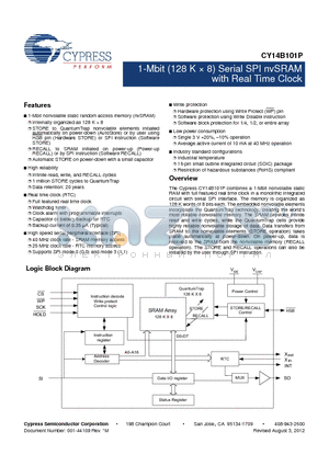 CY14B101P-SFXI datasheet - 1-Mbit (128 K  8) Serial SPI nvSRAM with Real Time Clock