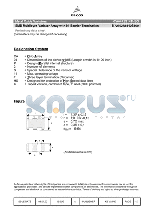 B72762A8140S160 datasheet - Metal Oxide Varistors