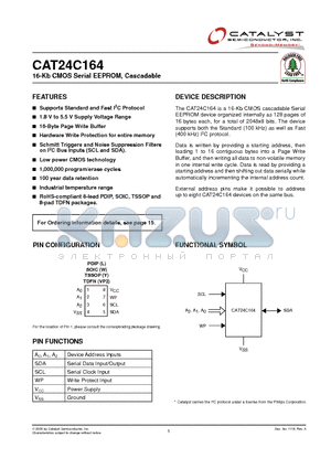 CAT24C164 datasheet - 16-Kb CMOS Serial EEPROM, Cascadable