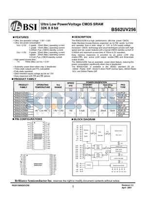 BS62UV256PI datasheet - Ultra Low Power/Voltage CMOS SRAM 32K X 8 bit