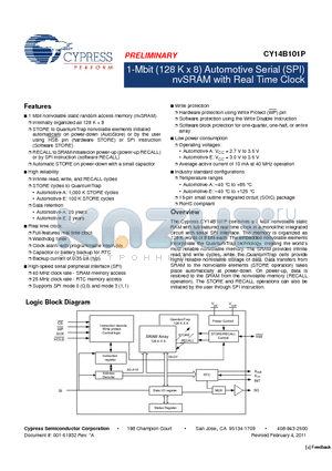 CY14B101P_11 datasheet - 1-Mbit (128 K x 8) Automotive Serial (SPI) nvSRAM with Real Time Clock