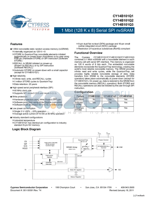 CY14B101Q1 datasheet - 1 Mbit (128 K x 8) Serial SPI nvSRAM Infinite read, write, and RECALL cycles