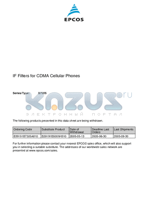 B7305 datasheet - SAW Components IF Filter for Mobile Communication 190 MHz