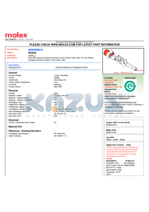 0304902012 datasheet - Mini-Fit^ Crimp Grounding Terminal, Series 30490, Male, with Tin (Sn) PlatedPhosphor Bronze Contact, 18-24 AWG, Bag