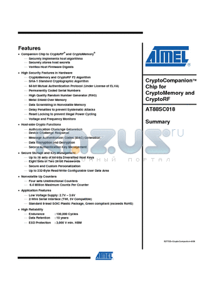 AT88SC018-SU-CM datasheet - CryptoCompanion Chip for CryptoMemory and CryptoRF