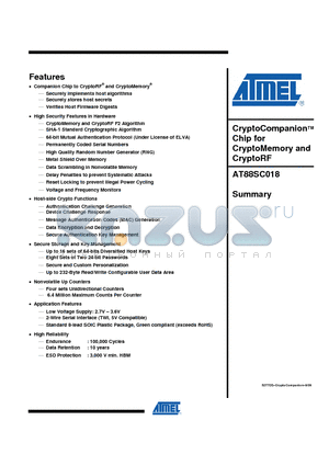 AT88SC018_1 datasheet - CryptoCompanion Chip for CryptoMemory and CryptoRF