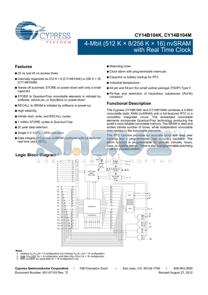 CY14B104K-ZS25XI datasheet - 4-Mbit (512 K  8/256 K  16) nvSRAM with Real Time Clock