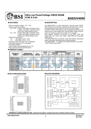 BS62UV4000 datasheet - Ultra Low Power/Voltage CMOS SRAM 512K X 8 bit