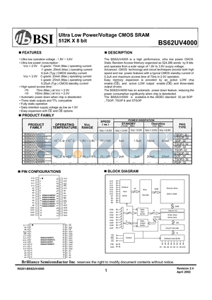 BS62UV4000PC datasheet - Ultra Low Power/Voltage CMOS SRAM 512K X 8 bit