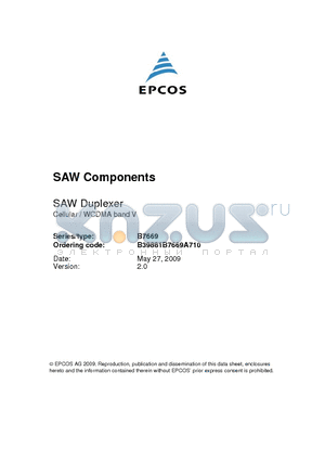 B7669 datasheet - SAW Duplexer Cellular / WCDMA band V