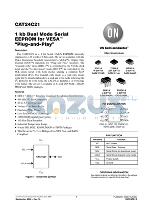 CAT24C21ZD4E-T3 datasheet - 1 kb Dual Mode Serial EEPROM for VESA Plug-and-Play