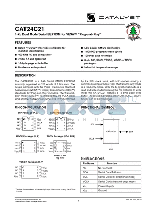 CAT24C21ZD4ETE13 datasheet - 1-kb Dual Mode Serial EEPROM for VESA Plug-and-Play