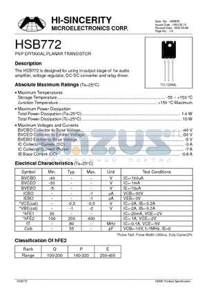 B772 datasheet - PNP EPITAXIAL PLANAR TRANSISTOR