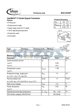 BSA223SP datasheet - OptiMOS-P Small-Signal-Transistor