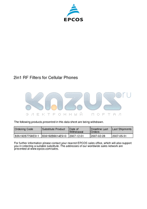 B7758 datasheet - SAW Components Low-Loss Filter for Mobile Communication 1865,0 & 1895,0 MHz