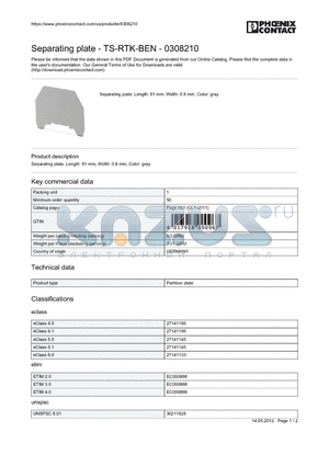 0308210 datasheet - Separating plate - TS-RTK-BEN - 0308210