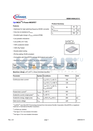 BSB014N04LX3G datasheet - OptiMOS3 Power-MOSFET