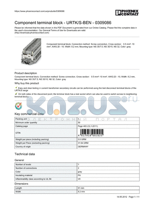 0309086 datasheet - Component terminal block - URTK/S-BEN - 0309086