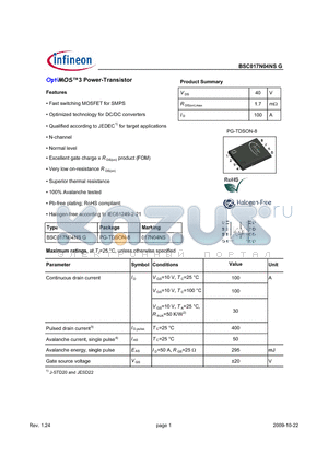 BSC017N04NSG datasheet - OptiMOS3 Power-Transistor