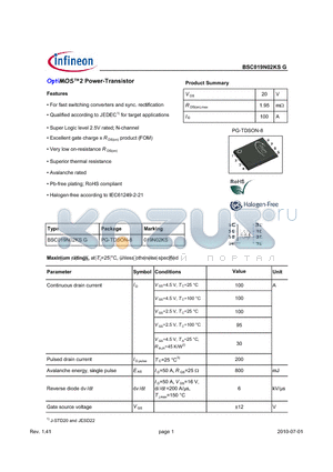 BSC019N02KSG datasheet - OptiMOS2 Power-Transistor