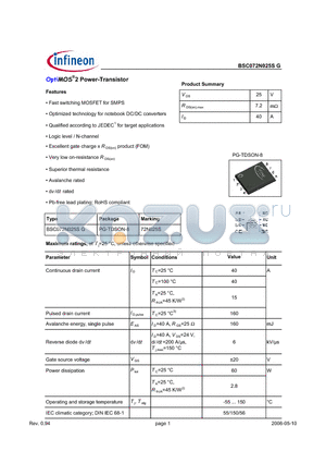 BSC072N025S datasheet - OptiMOS^2 Power-Transistor