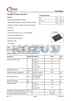 BSC052N03S datasheet - OptiMOS2 Power-Transistor