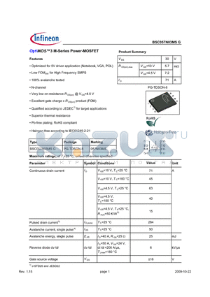 BSC057N03MSG datasheet - OptiMOS3 M-Series Power-MOSFET