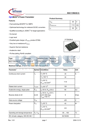 BSC119N03SG datasheet - OptiMOS2 Power-Transistor