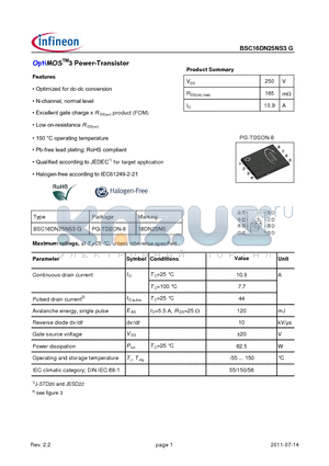 BSC16DN25NS3G datasheet - OptiMOSTM3 Power-Transistor