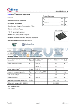 BSC900N20NS3G datasheet - OptiMOSTM3 Power-Transistor