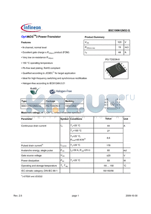 BSC190N12NS3G datasheet - OptiMOS3 Power-Transistor