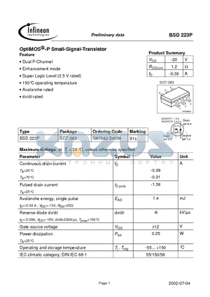 BSD223P datasheet - OptiMOS -P Small-Signal-Transistor