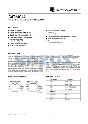 CAT24C44 datasheet - 256-Bit Serial Nonvolatile CMOS Static RAM