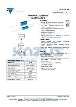 030AS datasheet - Aluminum Capacitors Axial Standard