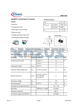 BSD214SN datasheet - OptiMOS2 Small-Signal-Transistor