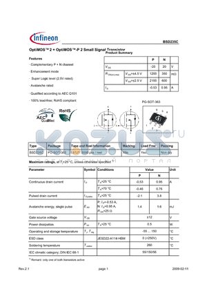 BSD235C datasheet - OptiMOS 2  OptiMOS-P 2 Small Signal Transistor