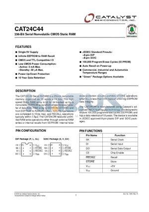 CAT24C44SA-TE13 datasheet - 256-Bit Serial Nonvolatile CMOS Static RAM
